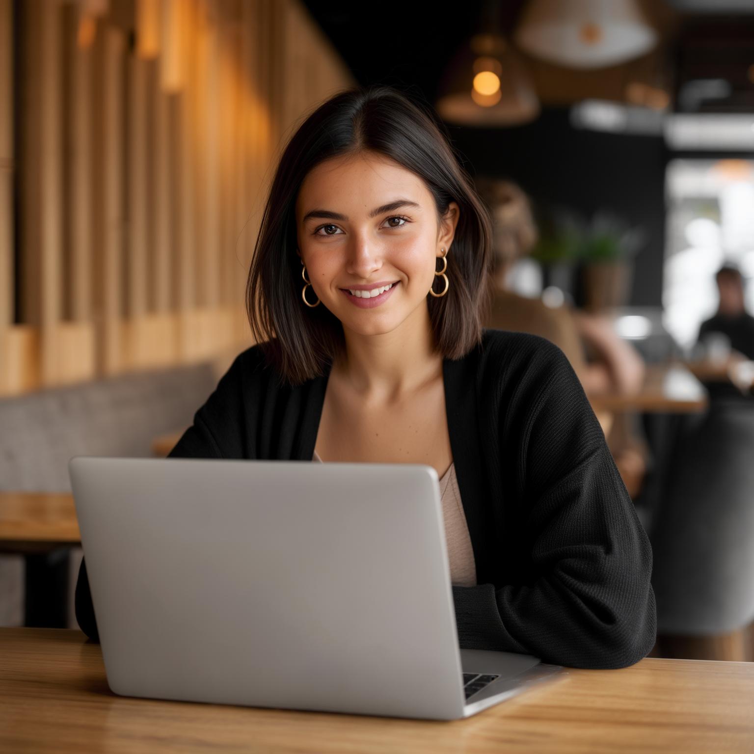 Professional woman in a black cardigan working on a laptop in a modern office setting