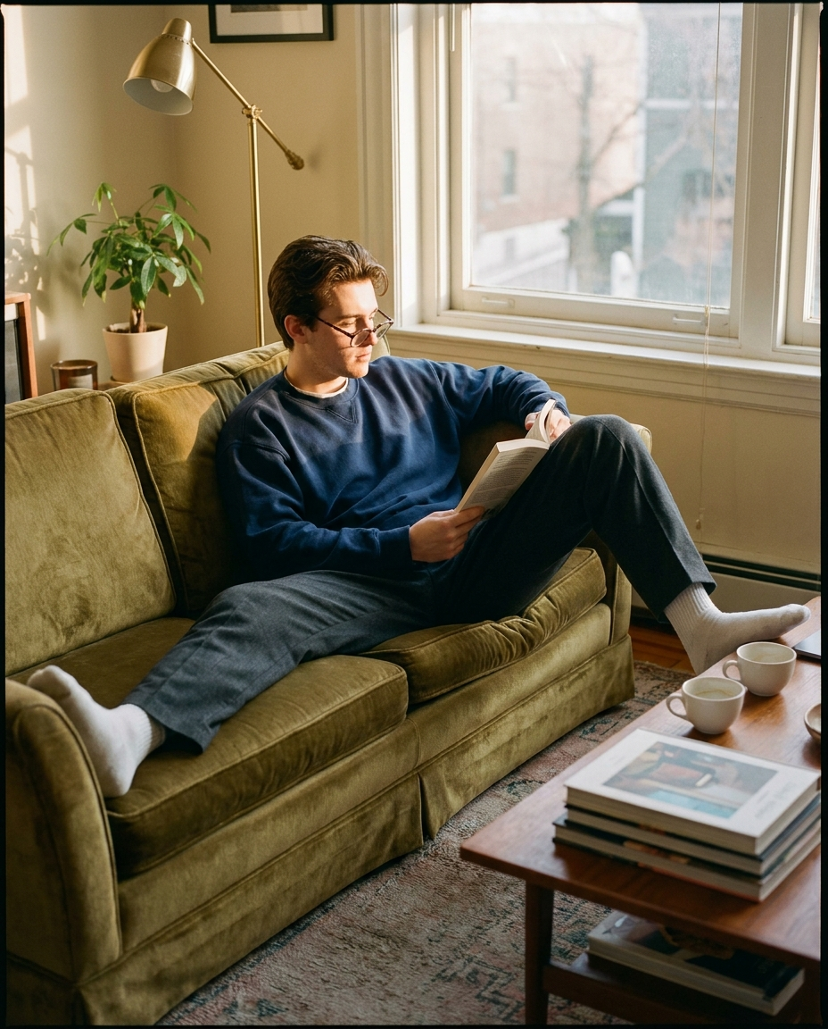 The Sweatshirt - man reading on olive couch