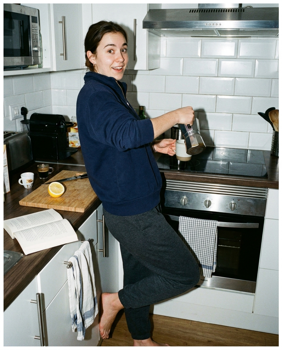 Woman in kitchen making coffee