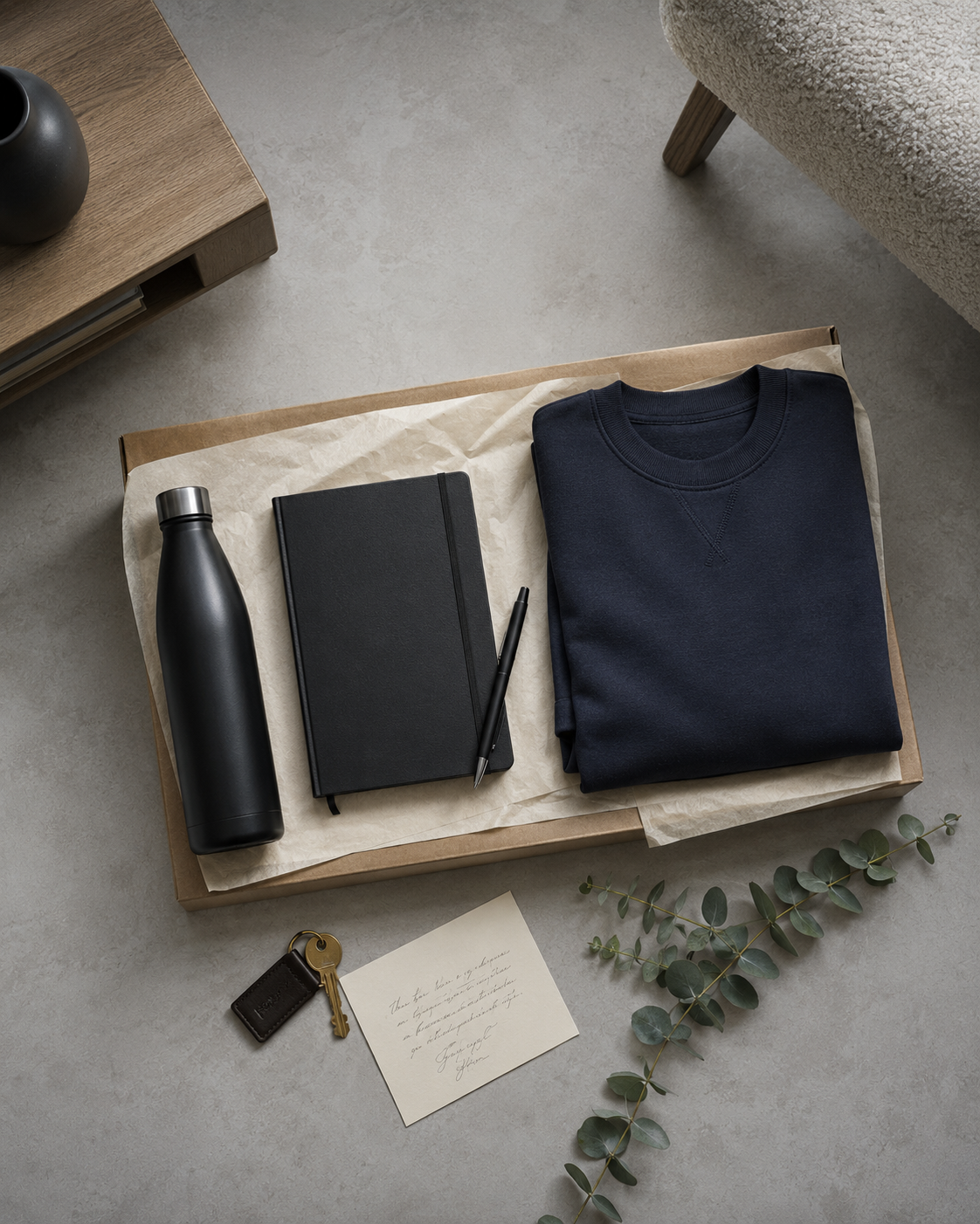 Welcome pack with sweatshirt, thermos, notebook, and eucalyptus on grey concrete