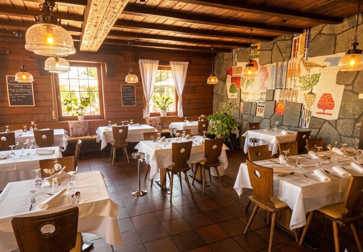 Elegant dining room with white tablecloths and wooden decor