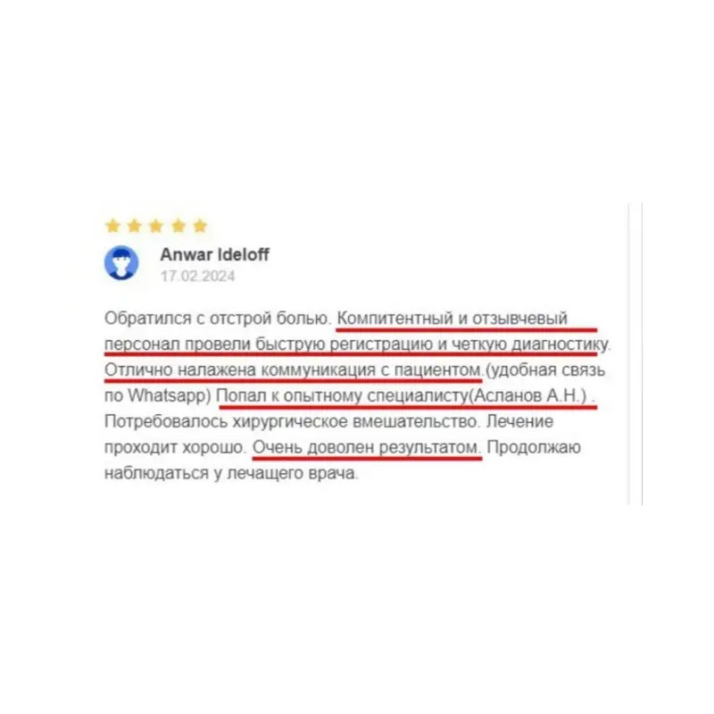 Отзыв пациента Anwar Ideloff о проктологе Анаре Асланове на Google