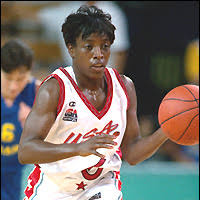 Ruthie Bolton driving to the basket in a Team USA uniform