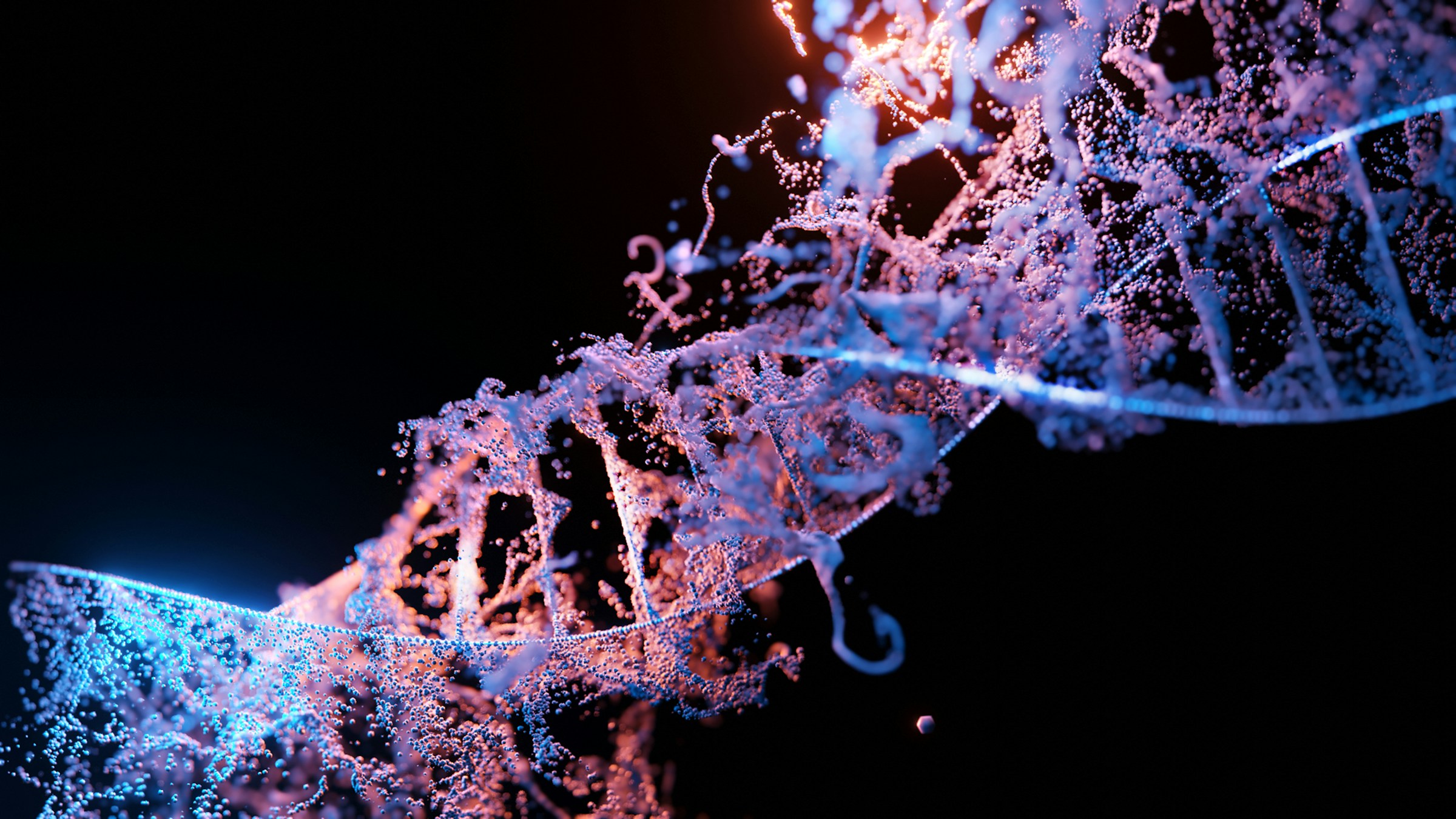 3D render of DNA double helix with pink and blue particles representing molecular biology