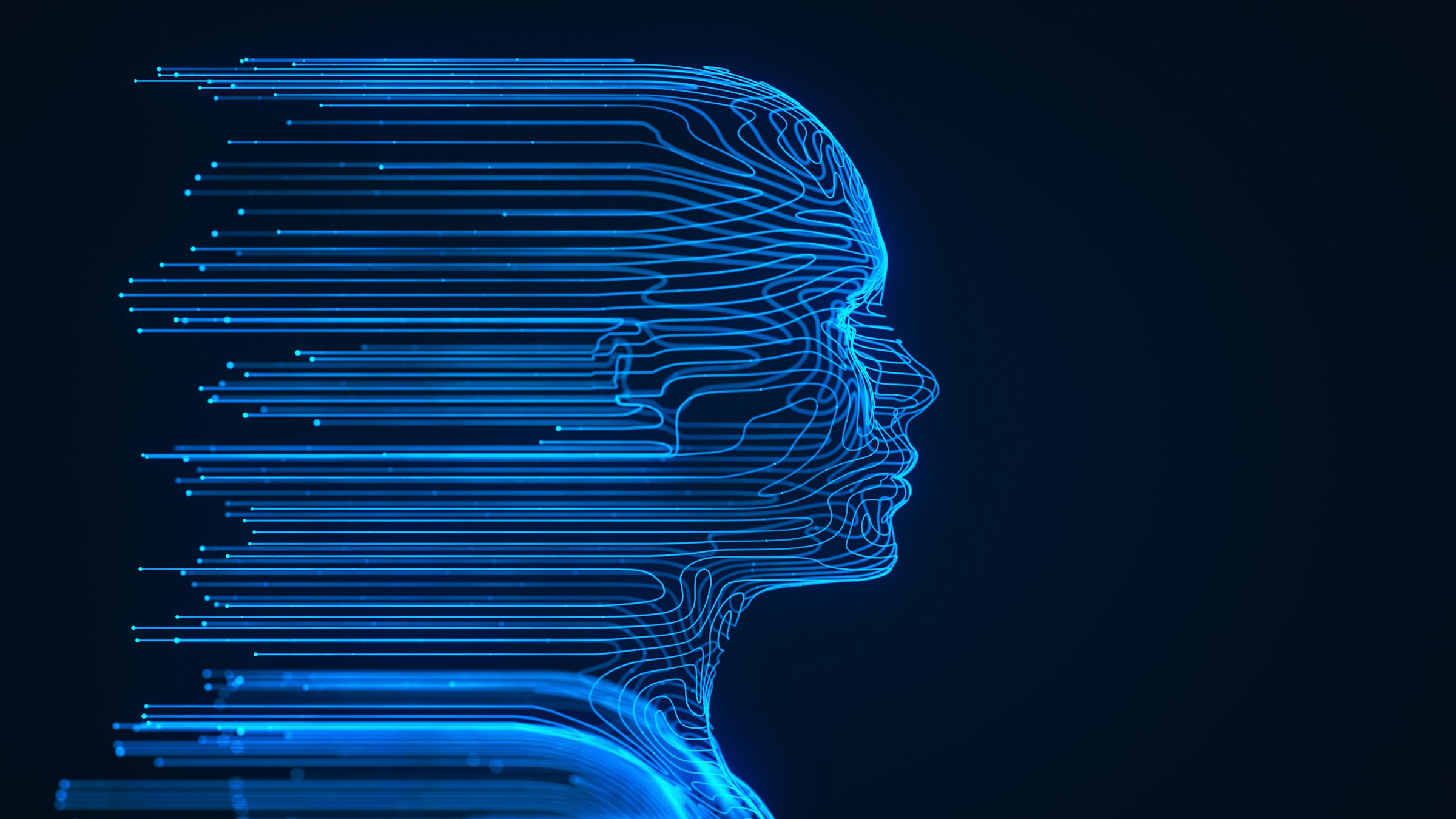 Blue wireframe digital human head profile with data streams representing AI neural processing