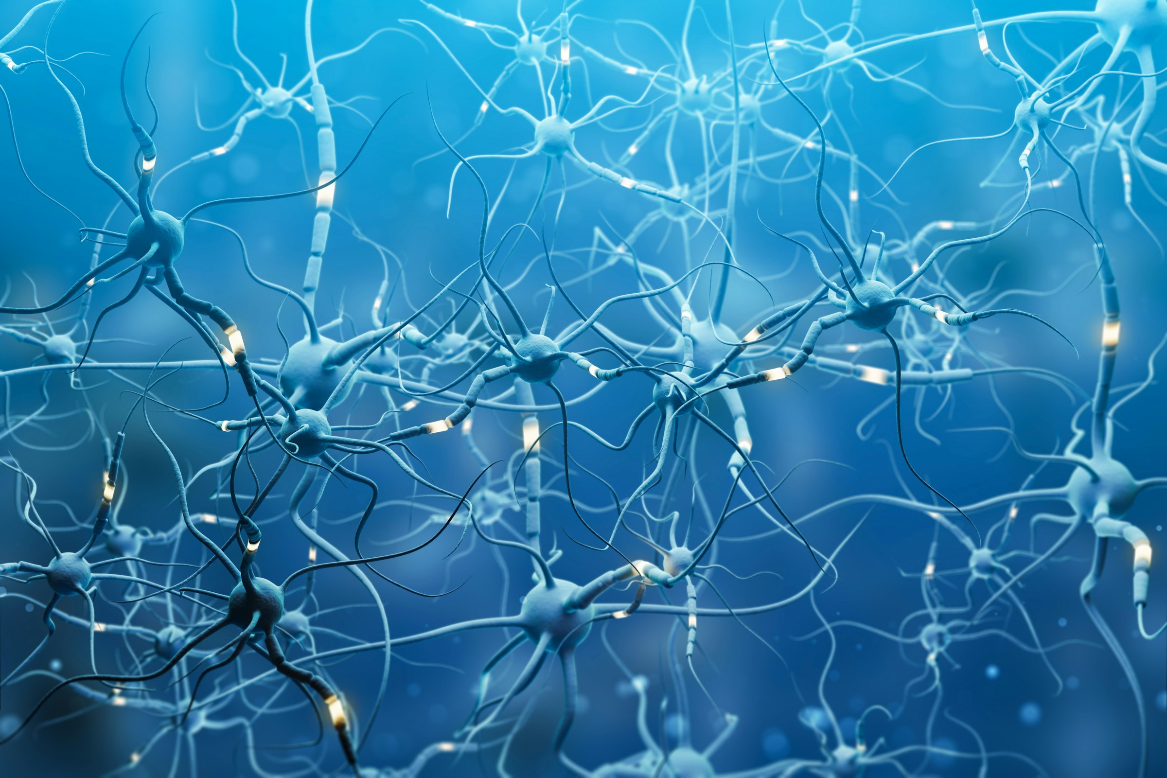 Blue 3D render of interconnected neurons with glowing synapses representing neural networks