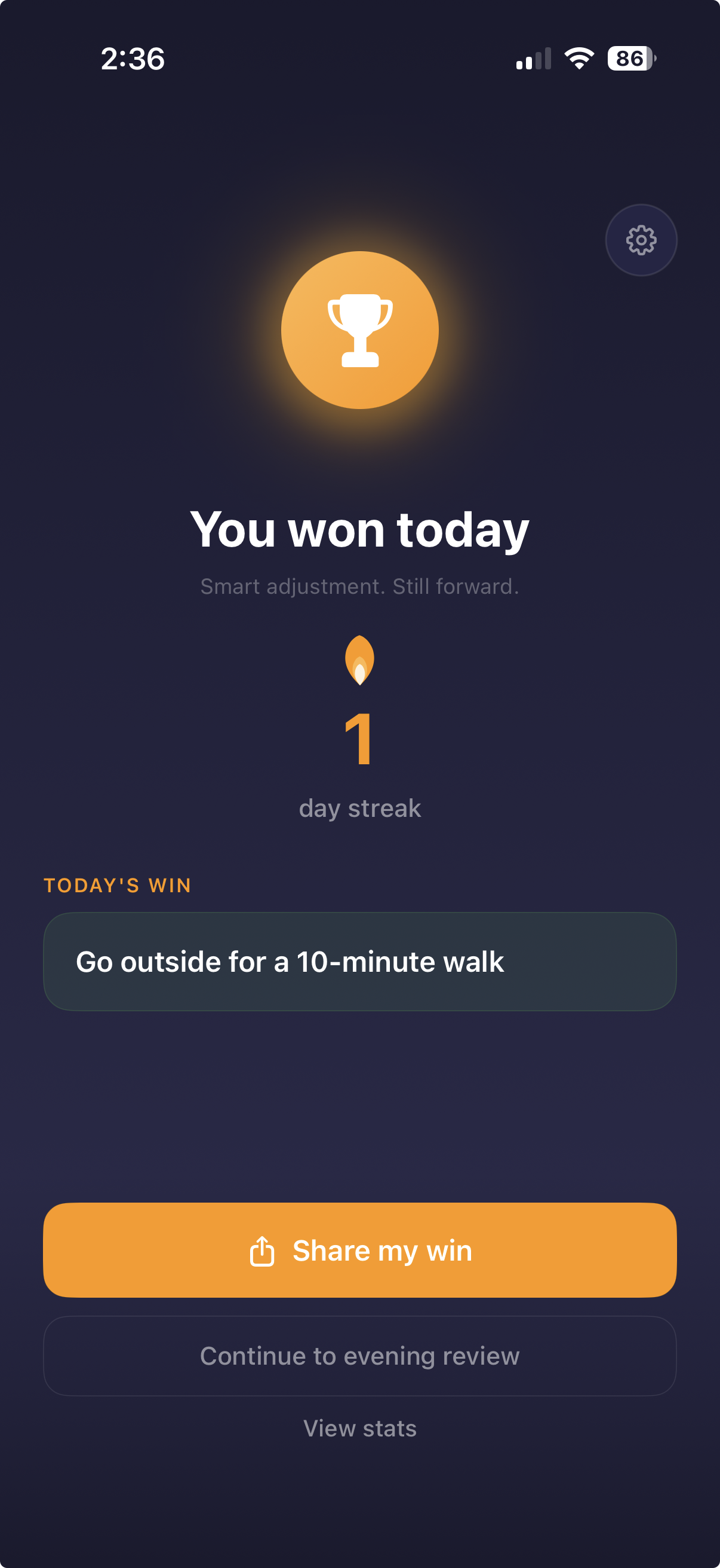 DayWon app showing You won today screen with trophy and streak