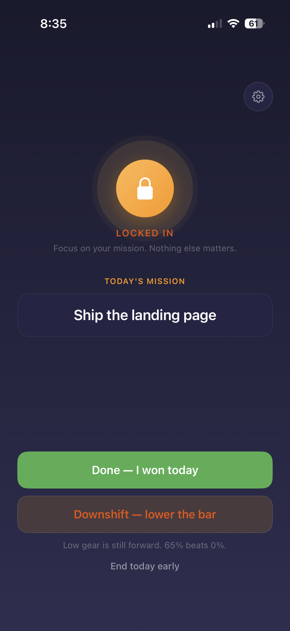 DayWon One Task screen showing locked in mission
