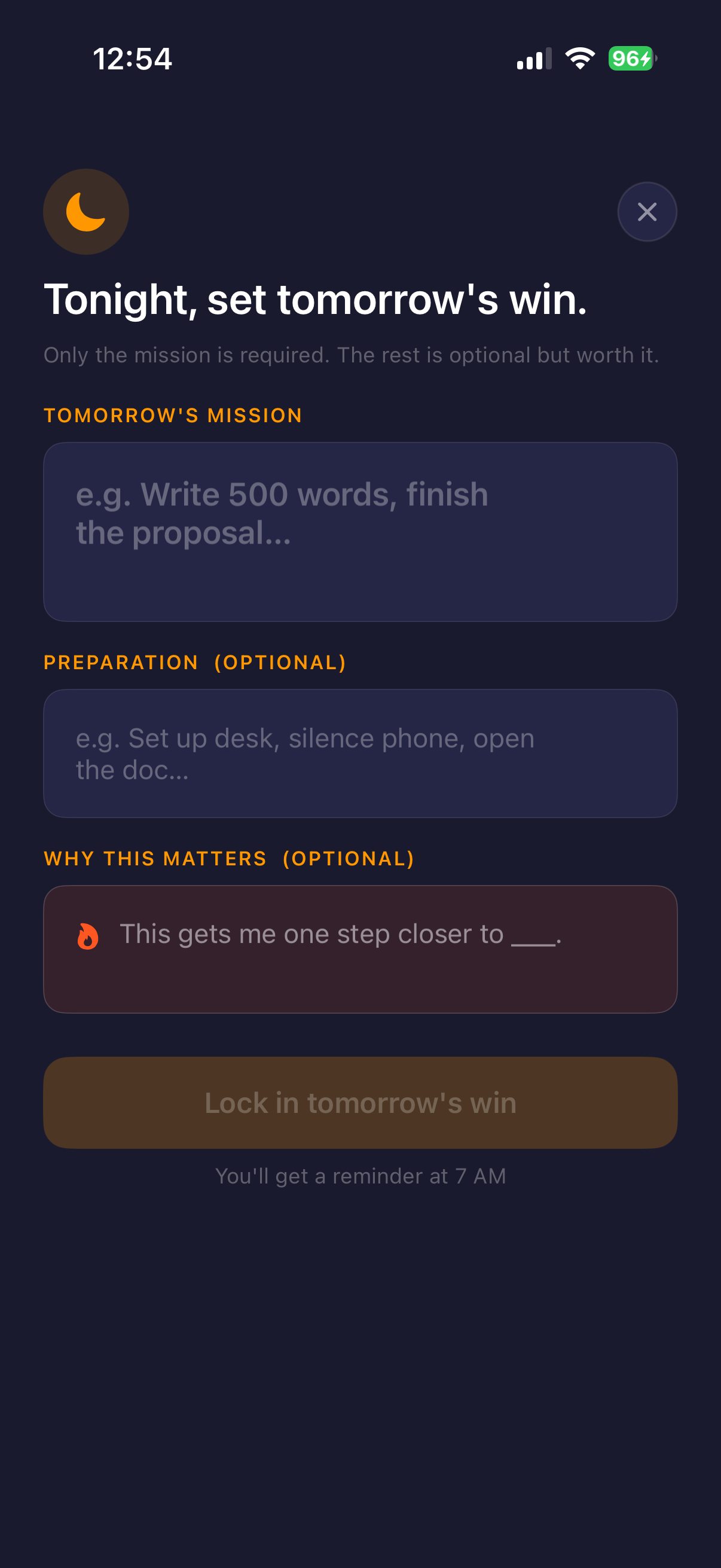 DayWon evening planning screen to set tomorrow's win