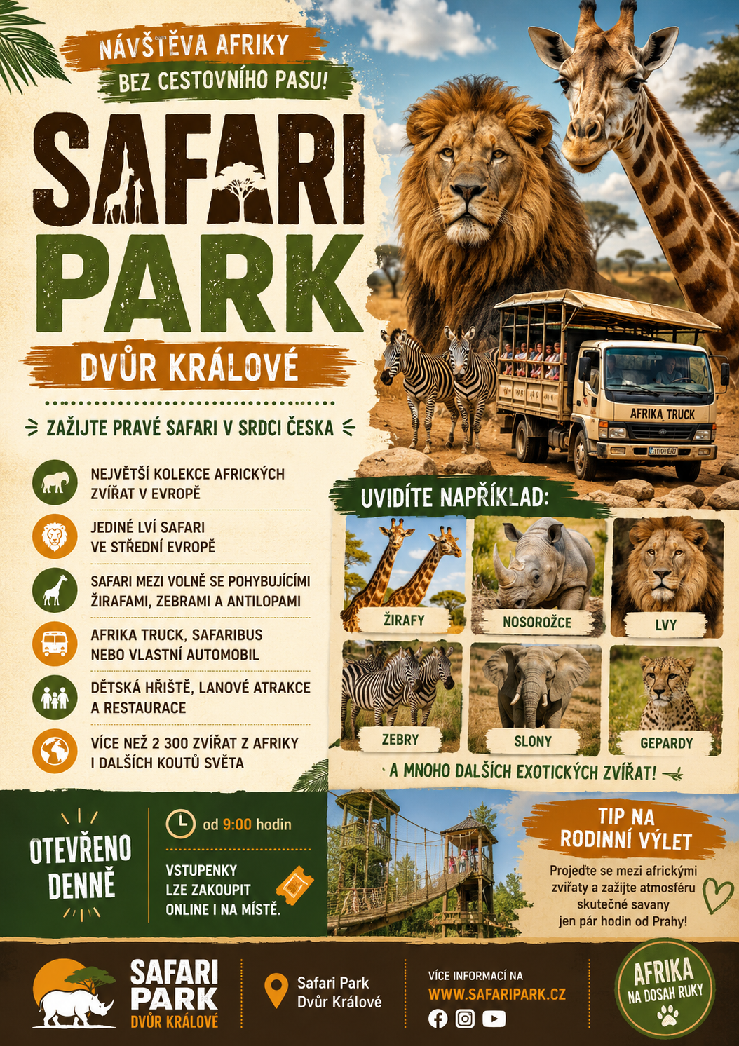Propagační leták Safari Park Dvůr Králové — zažijte pravé safari v srdci Česka