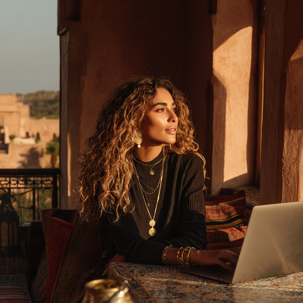 Moroccan woman with curly hair working on a laptop on a riad rooftop at golden hour