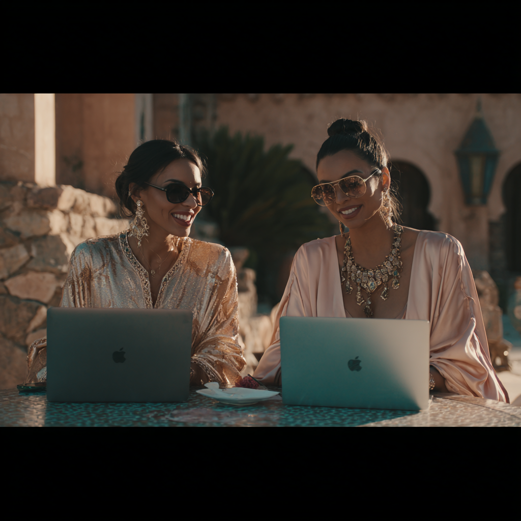 Two Moroccan women in elegant kaftans laughing together with MacBooks open on a zellige mosaic table