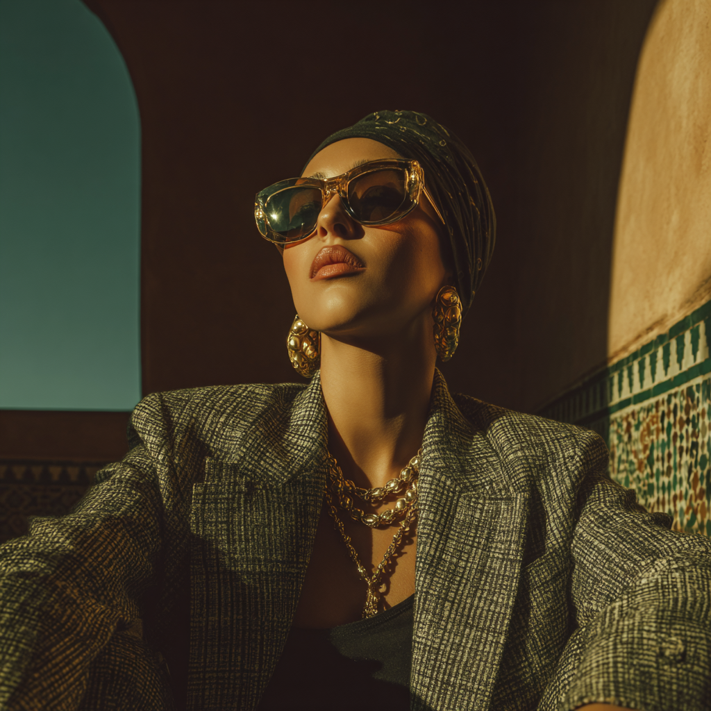 A Moroccan woman in gold sunglasses looking upward through a Moroccan arch