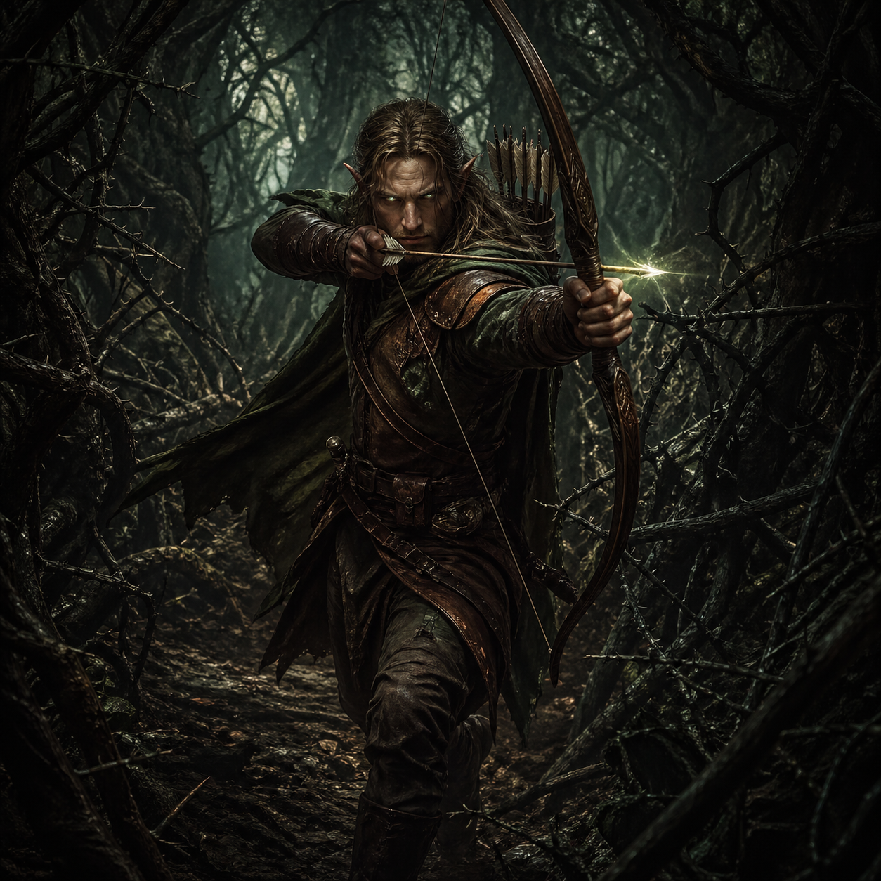 Elf ranger drawing bow in thorny wilderness