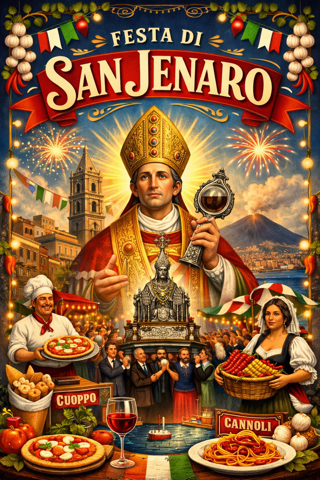 Vintage plakát italského festivalu Festa di San Jenaro — neapolská gastronomie