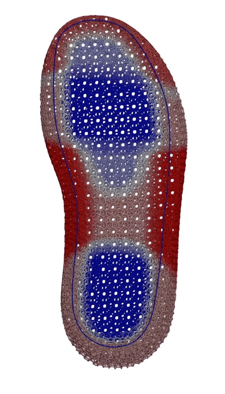 Sandal platform showing pressure zone mapping - blue indicates softer cushioning zones, red indicates firmer support zones