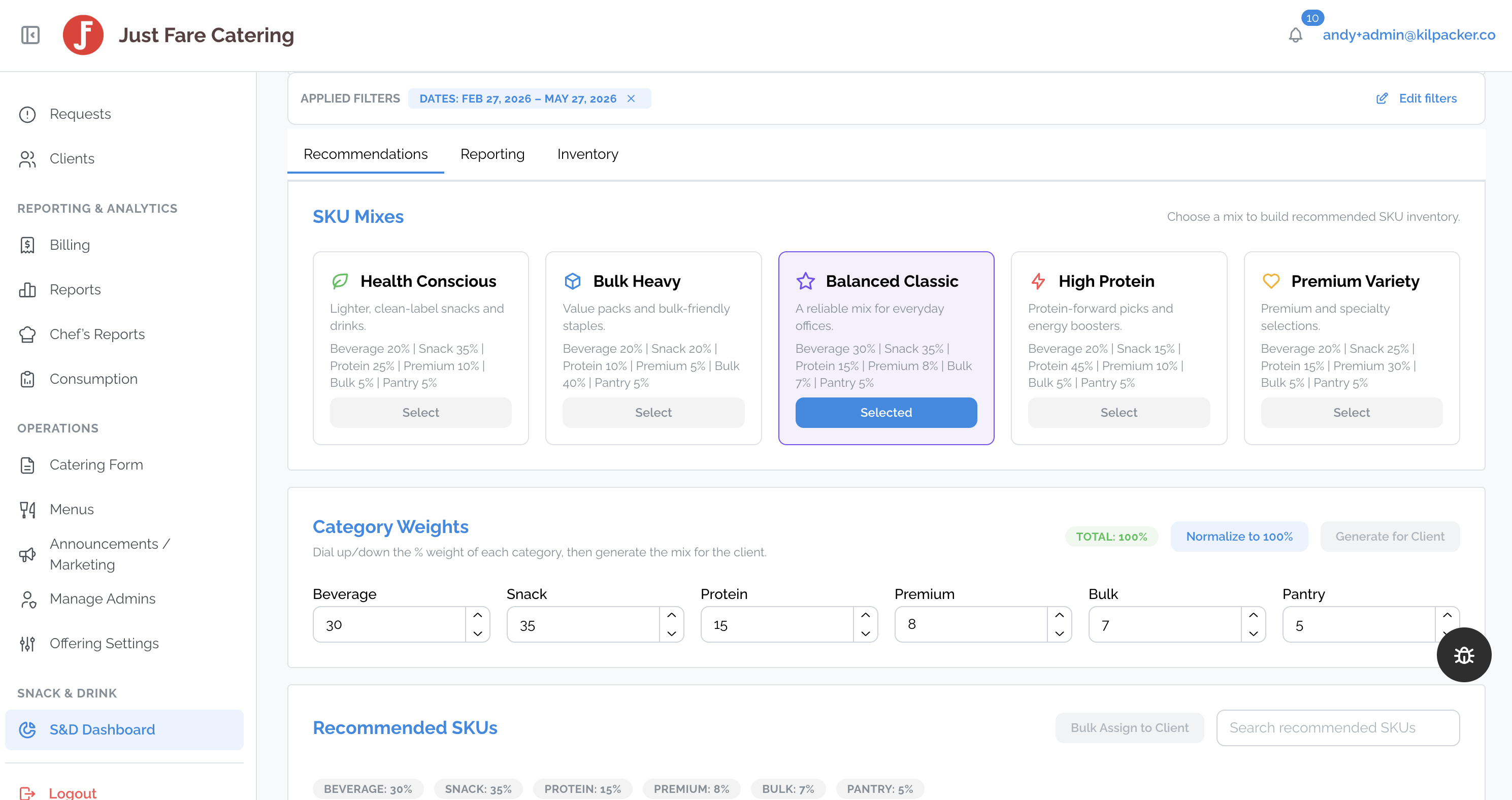 Just Fare S&D dashboard showing SKU mix recommendations and category weight controls