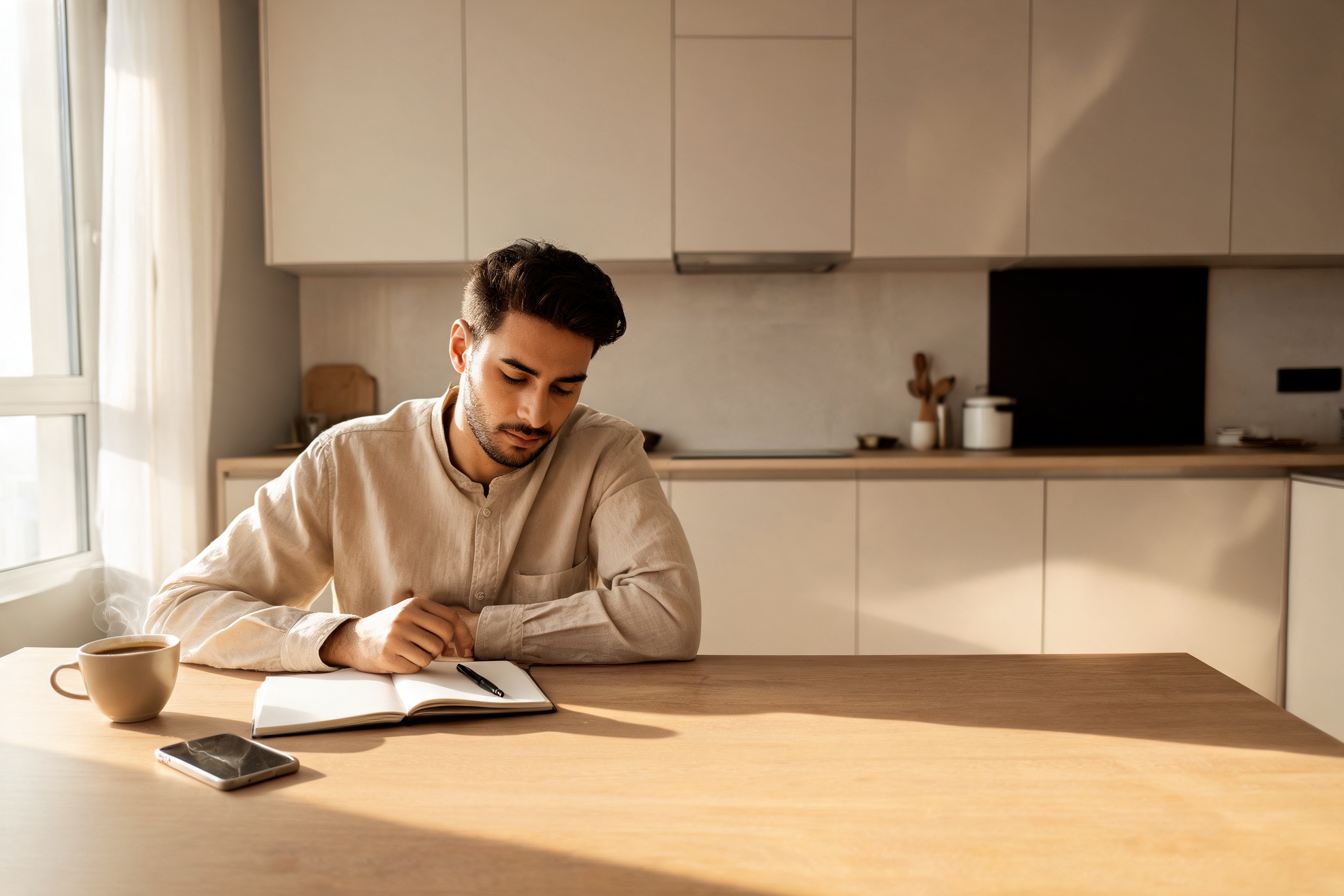 A man writing in a notebook with coffee at a sunlit kitchen table