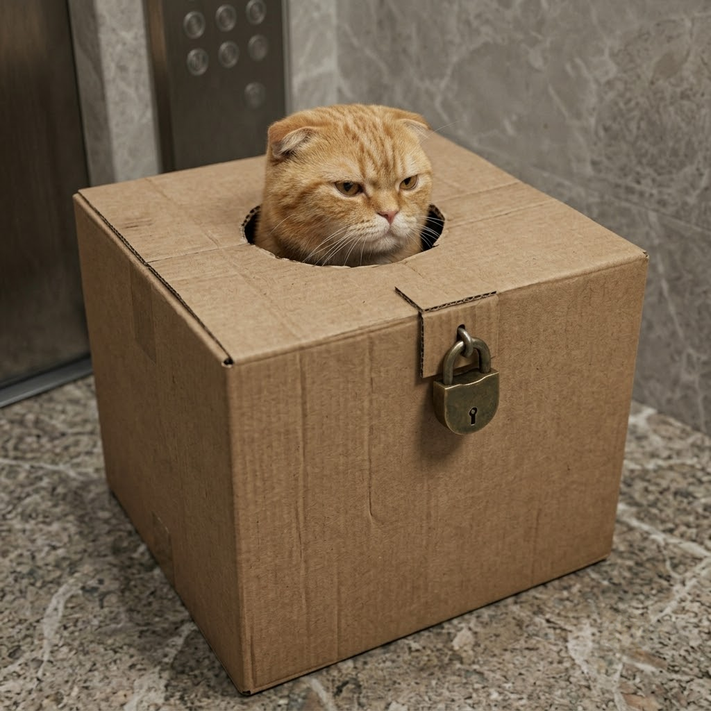 Locked cat in the box, in the lobby by the elevators