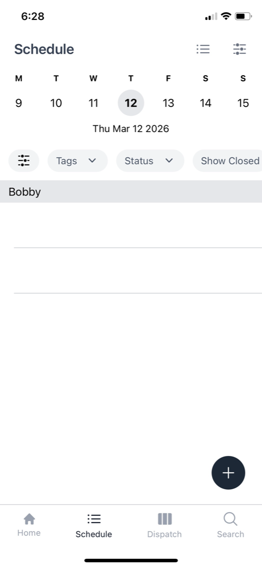 ServiceBase mobile app showing a technician's weekly schedule for the week of March 9