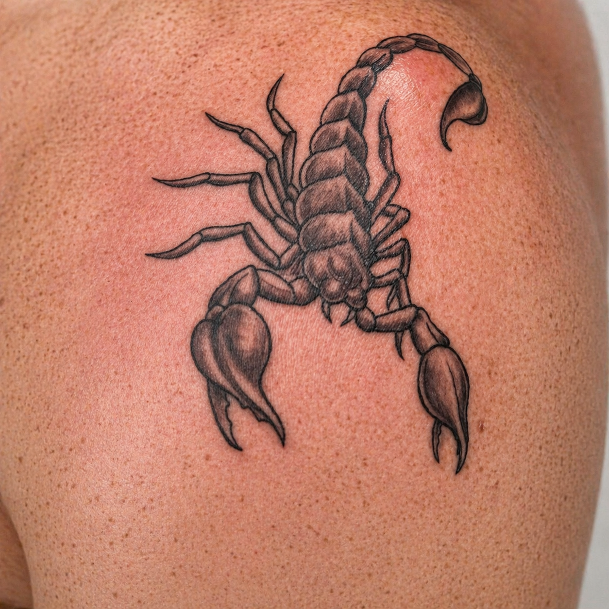 Black and grey scorpion tattoo on a shoulder with fine line shading
