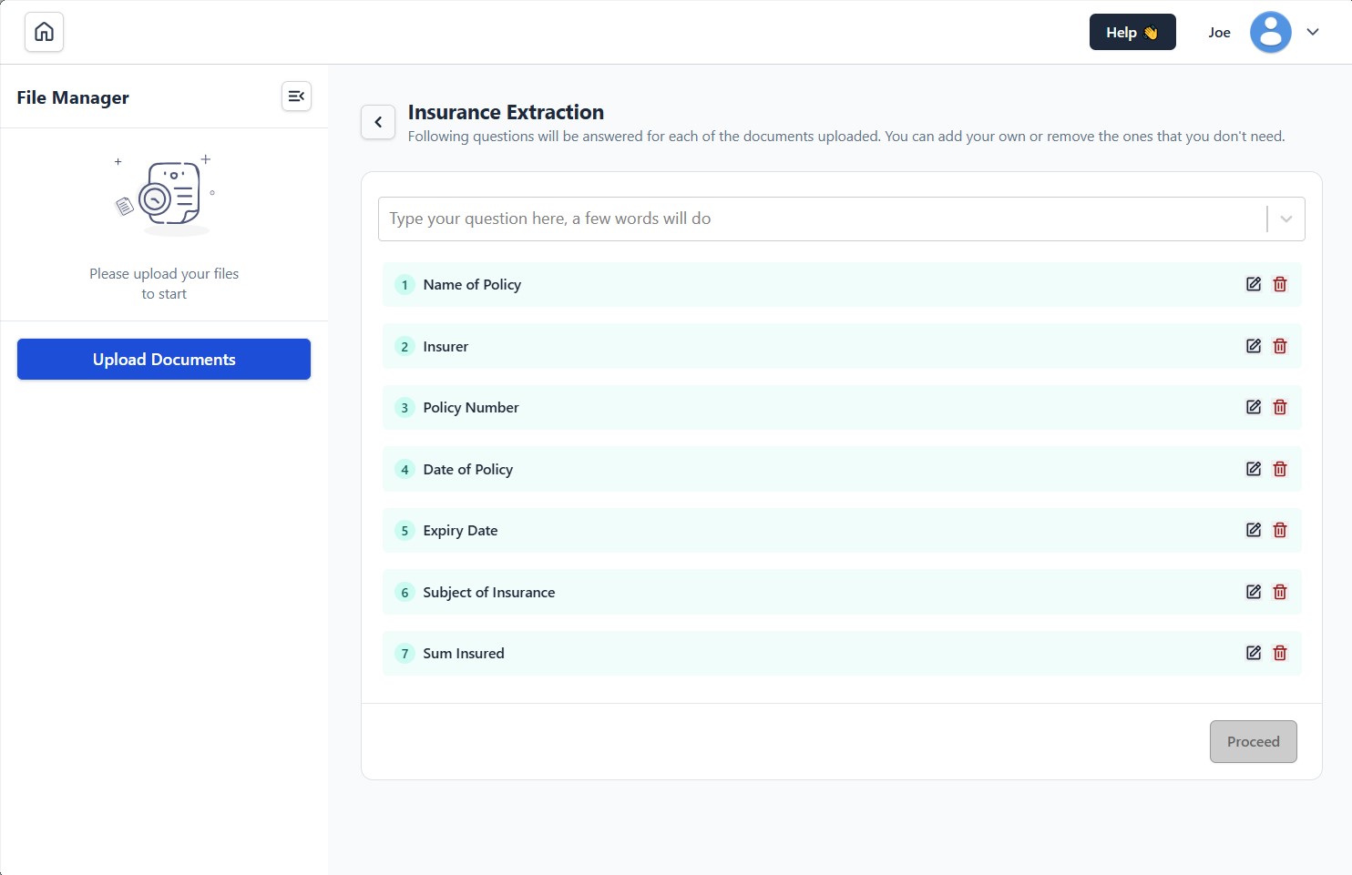 Epistos Insurance Policy Information Extraction Interface