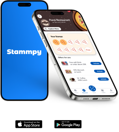 Stammpy mobile app interface showing stamp collection and restaurant menu