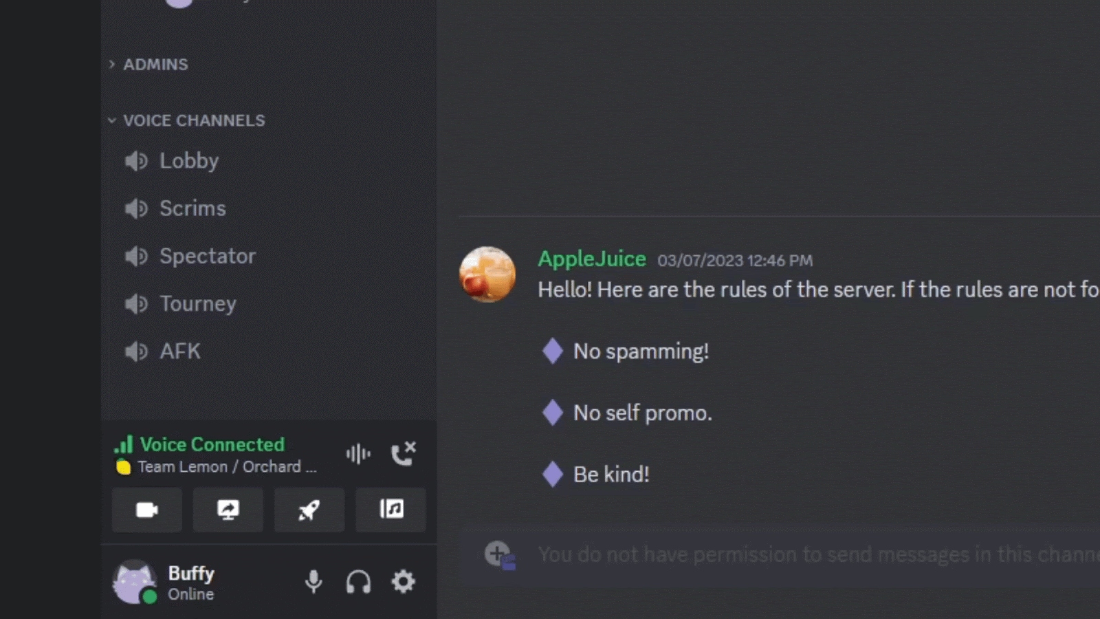 Discord desktop interface showing the Voice Connected bar at the bottom left with the screen share, video camera, and activity buttons