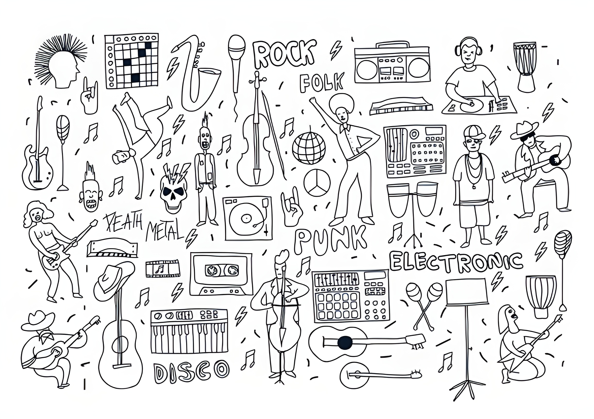 Music genres and instruments illustration