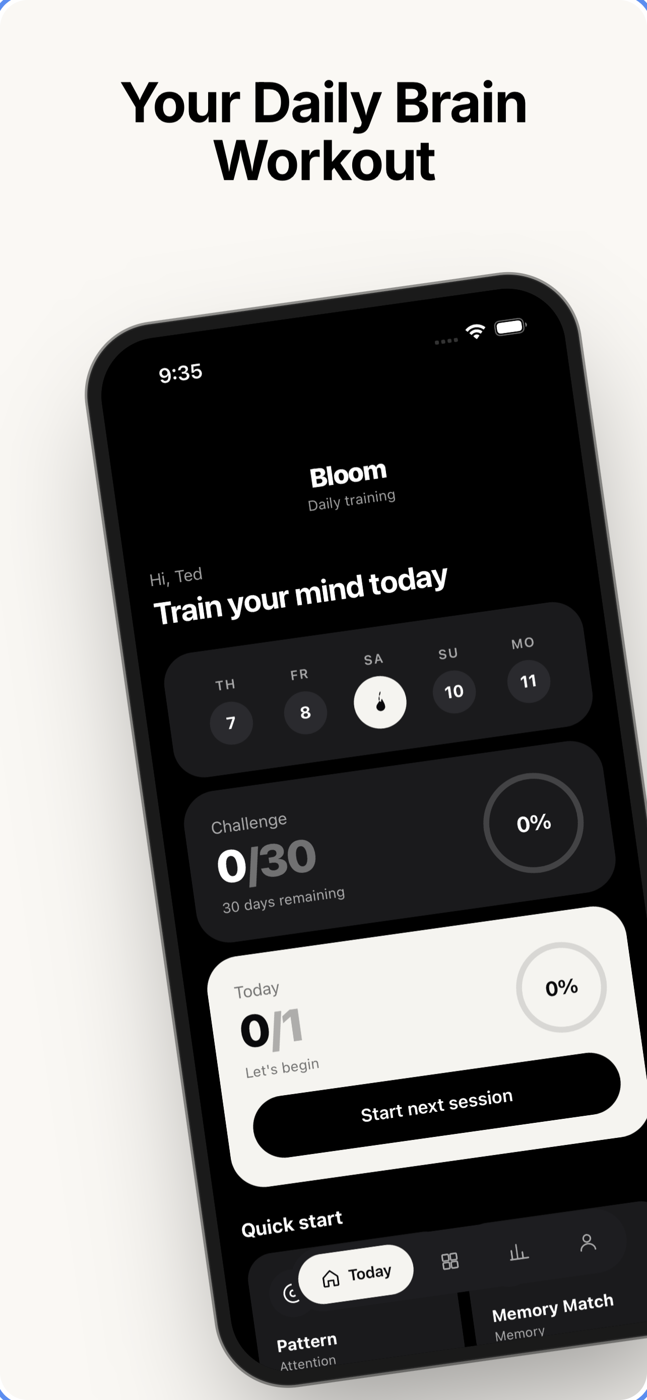 Bloom app home screen showing daily brain training dashboard