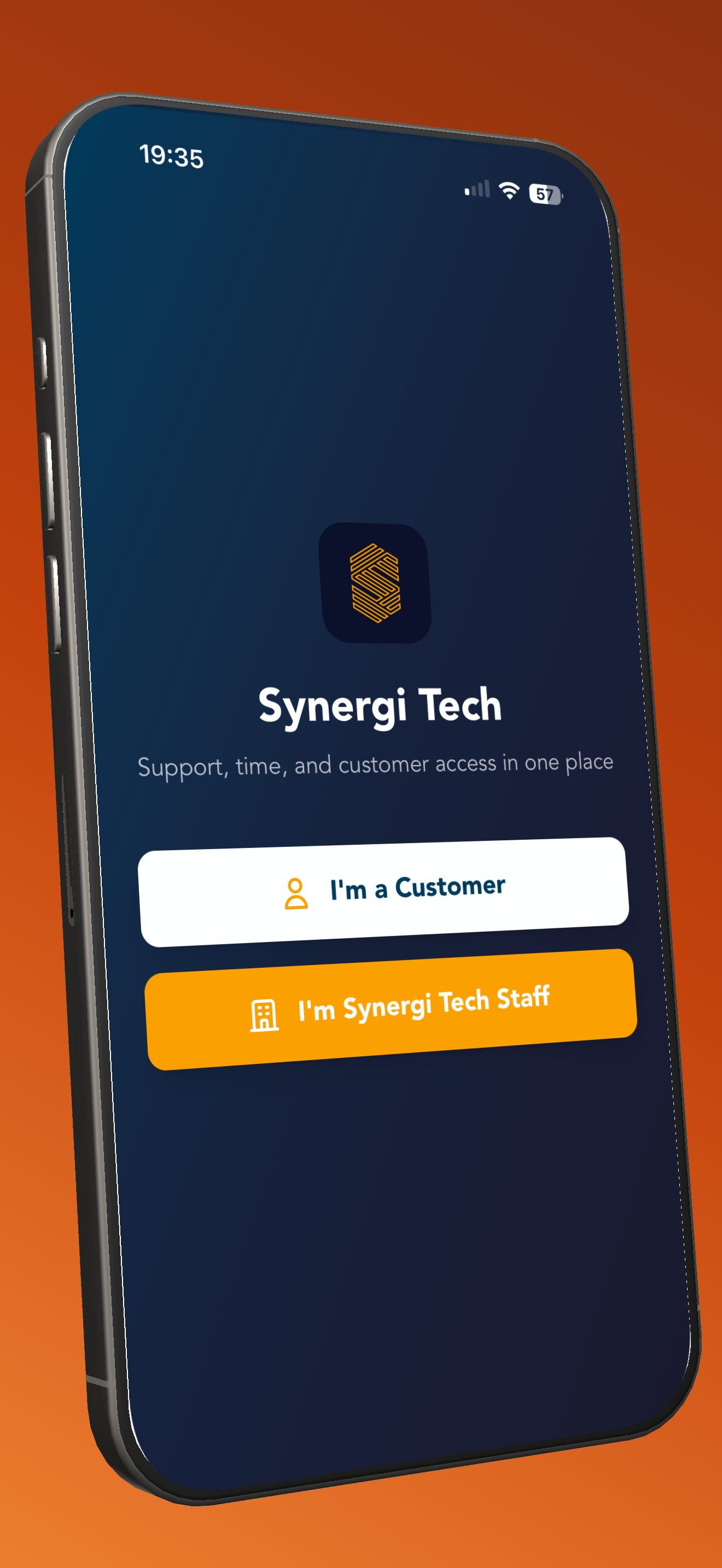 Synergi Tech app welcome screen showing customer and staff login options