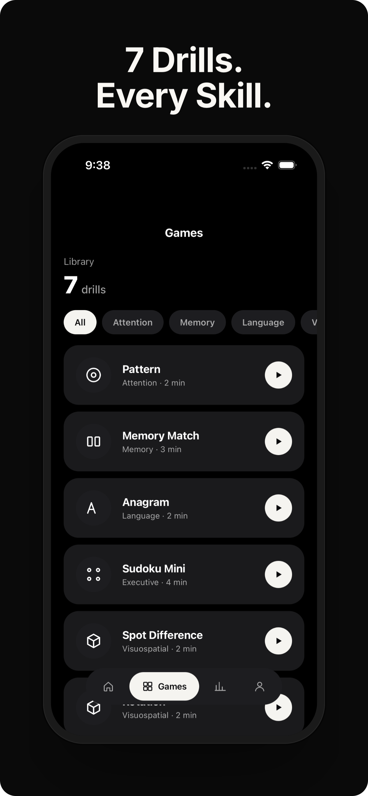 Bloom app games library showing all 7 cognitive drills