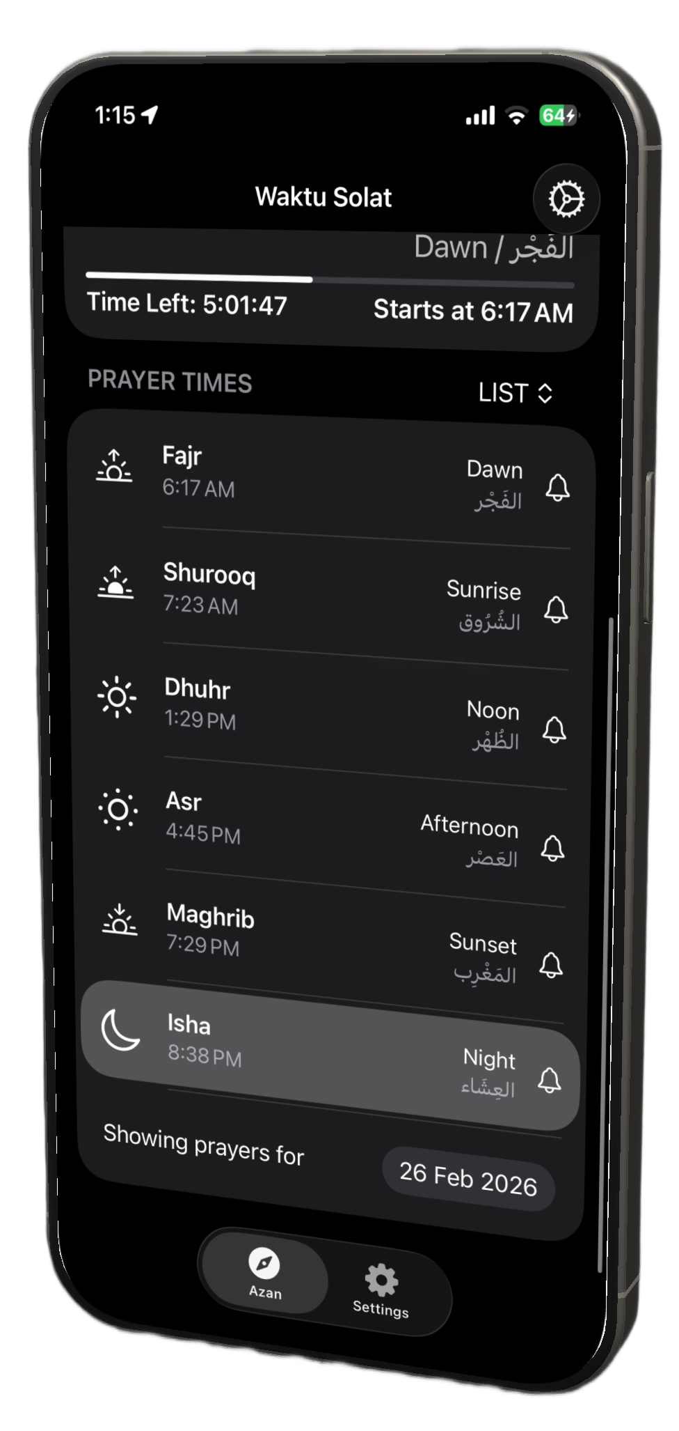 Prayer times list