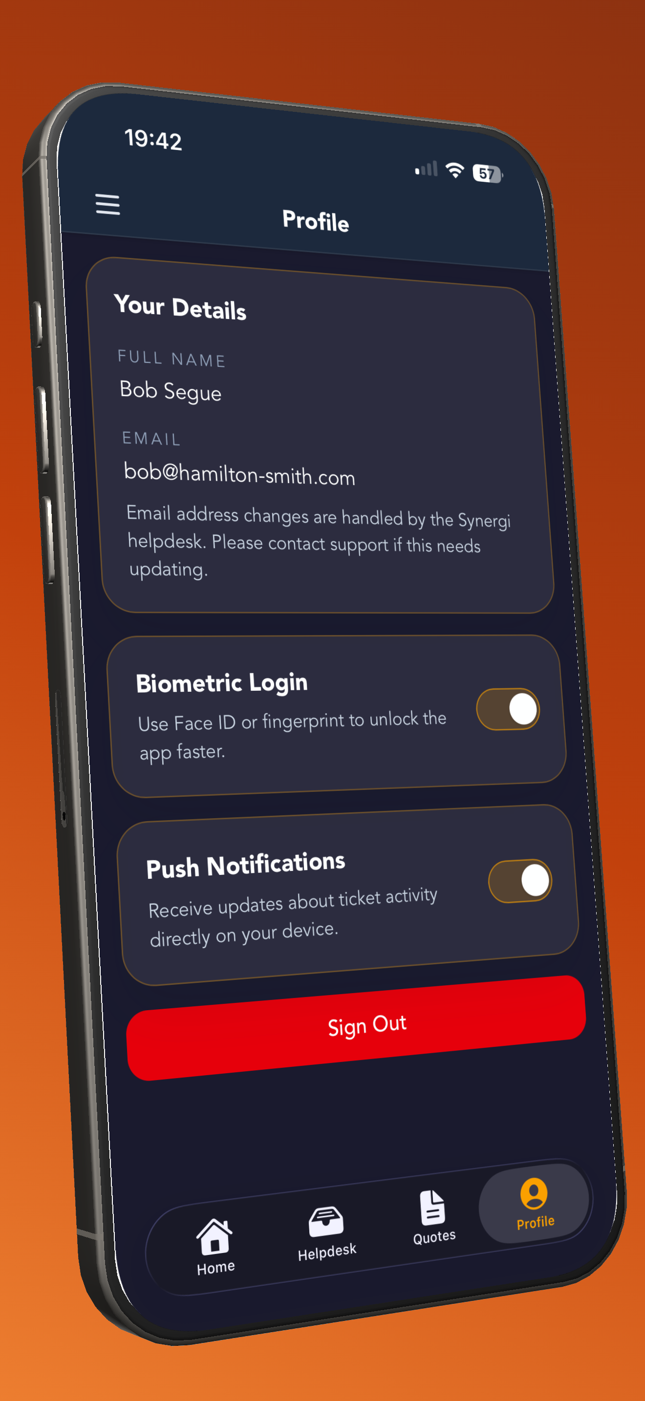 Profile settings showing biometric login and push notification options