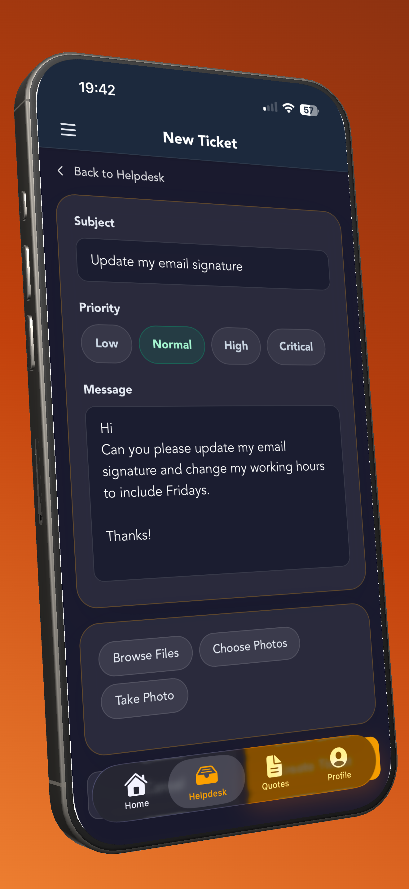 New ticket creation screen with subject, priority, and message fields