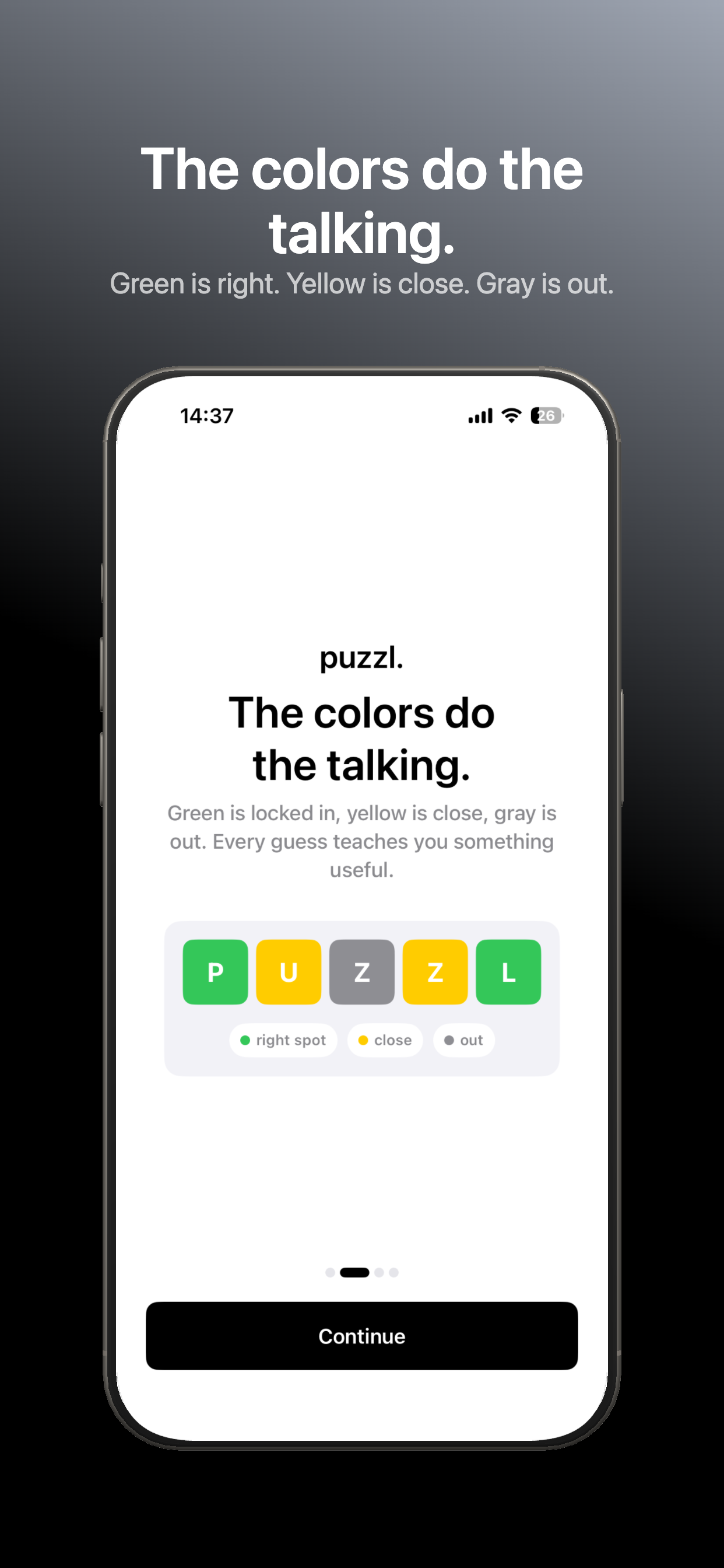 puzzl. color hints - green for right spot, yellow for close, gray for out