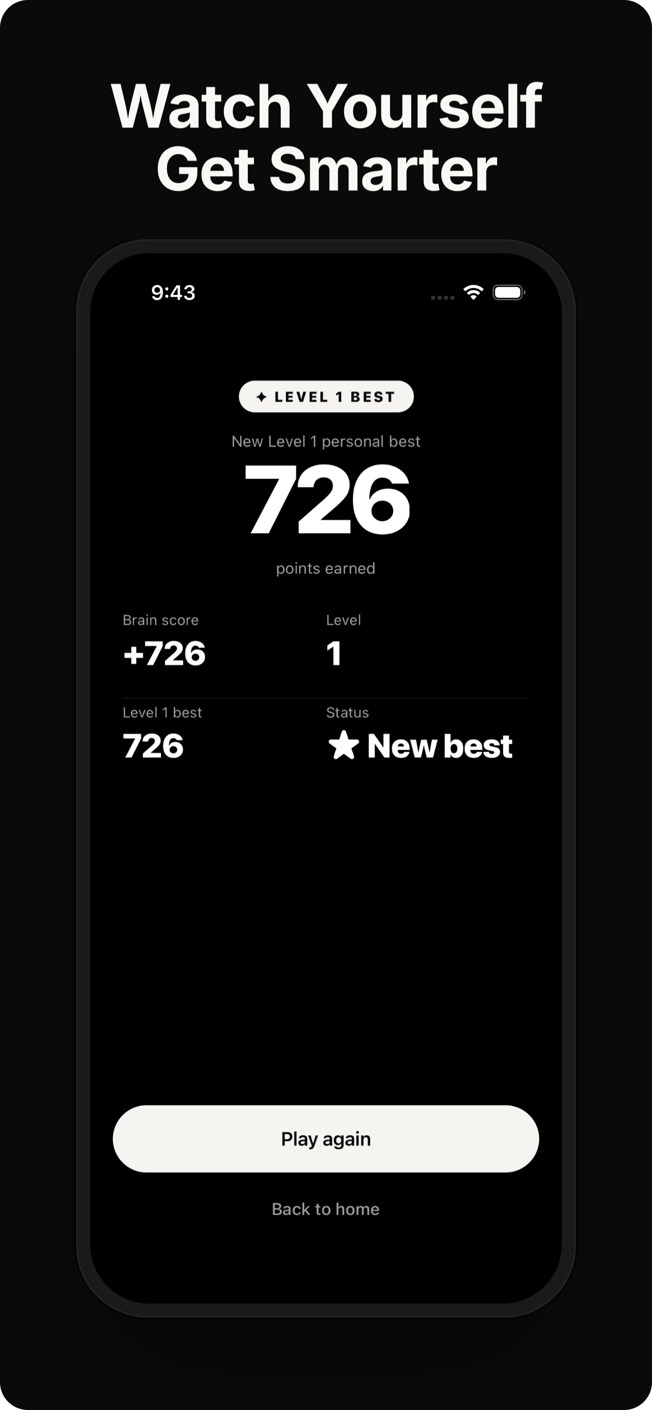 Personal best score achievement screen showing 726 points