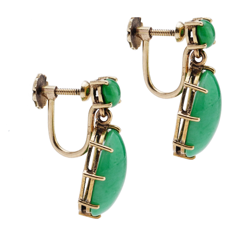 Vintage jade and gold screw-back earrings showing mechanism