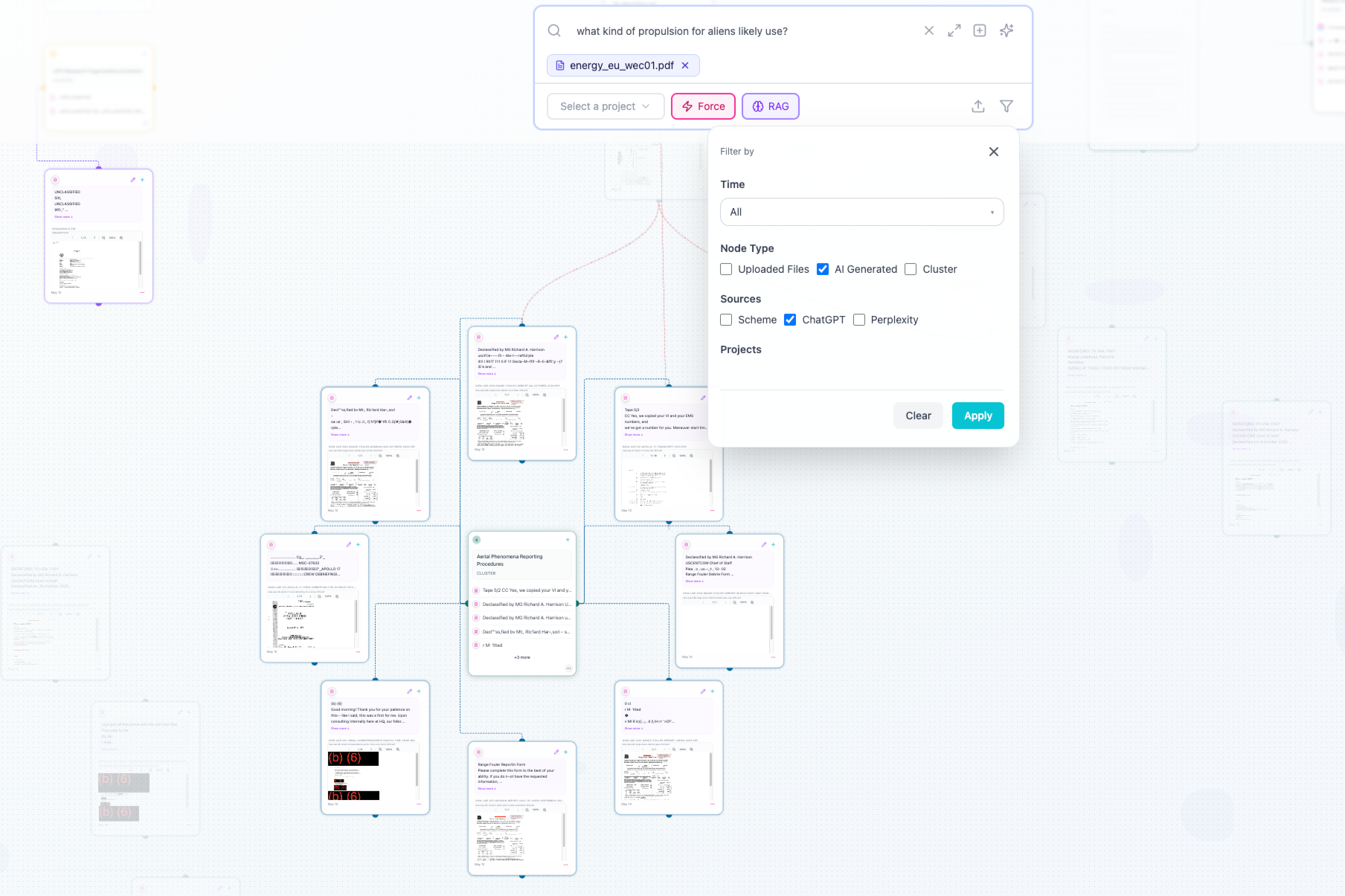 Anatypical app canvas showing interconnected document nodes with a search interface and filter panel for exploring knowledge graphs