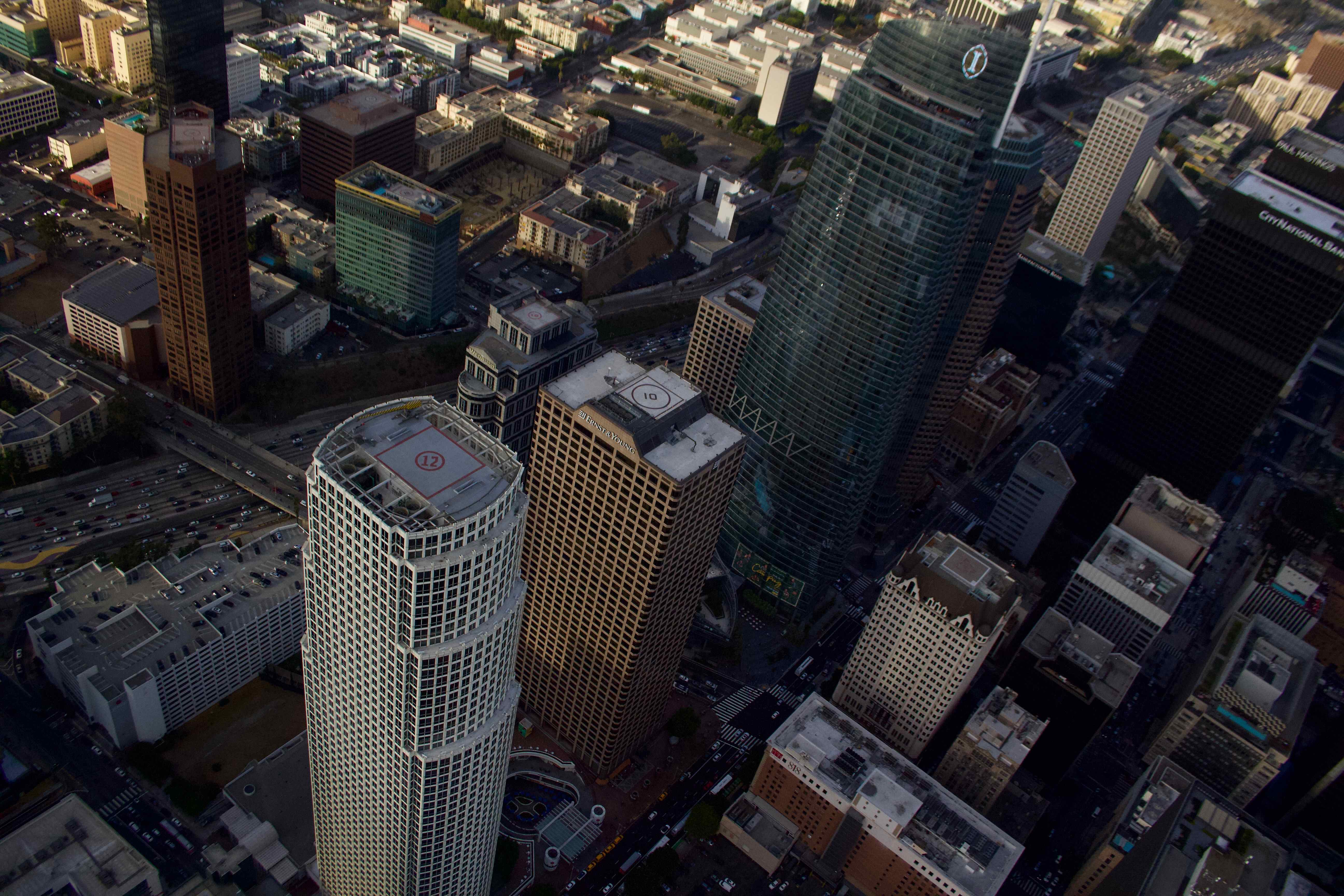 Aerial editorial view of Downtown Los Angeles buildings and streets