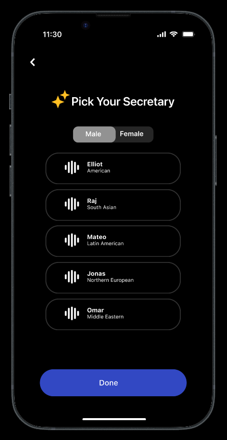 Pick Your Secretary screen with Male tab selected, showing five male voice options: Elliot (American), Raj (South Asian), Mateo (Latin American), Jonas (Northern European), and Omar (Middle Eastern)