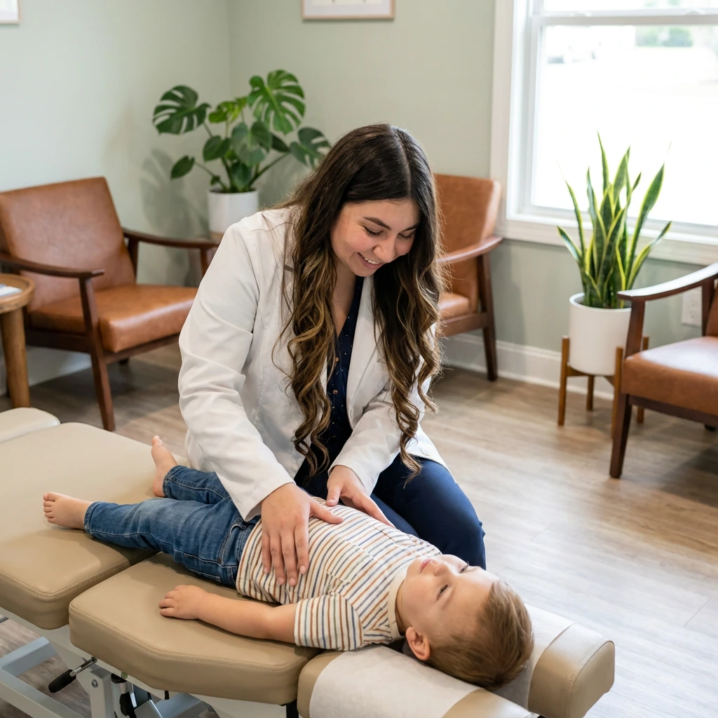 Doctor gently examining an infant during a pediatric chiropractic visit