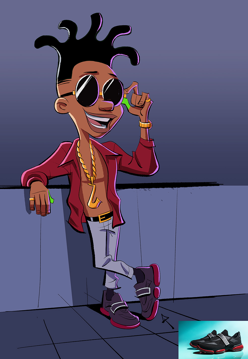 Character concept art from Mestre — a stylized young figure with sunglasses and gold chain leaning against a wall