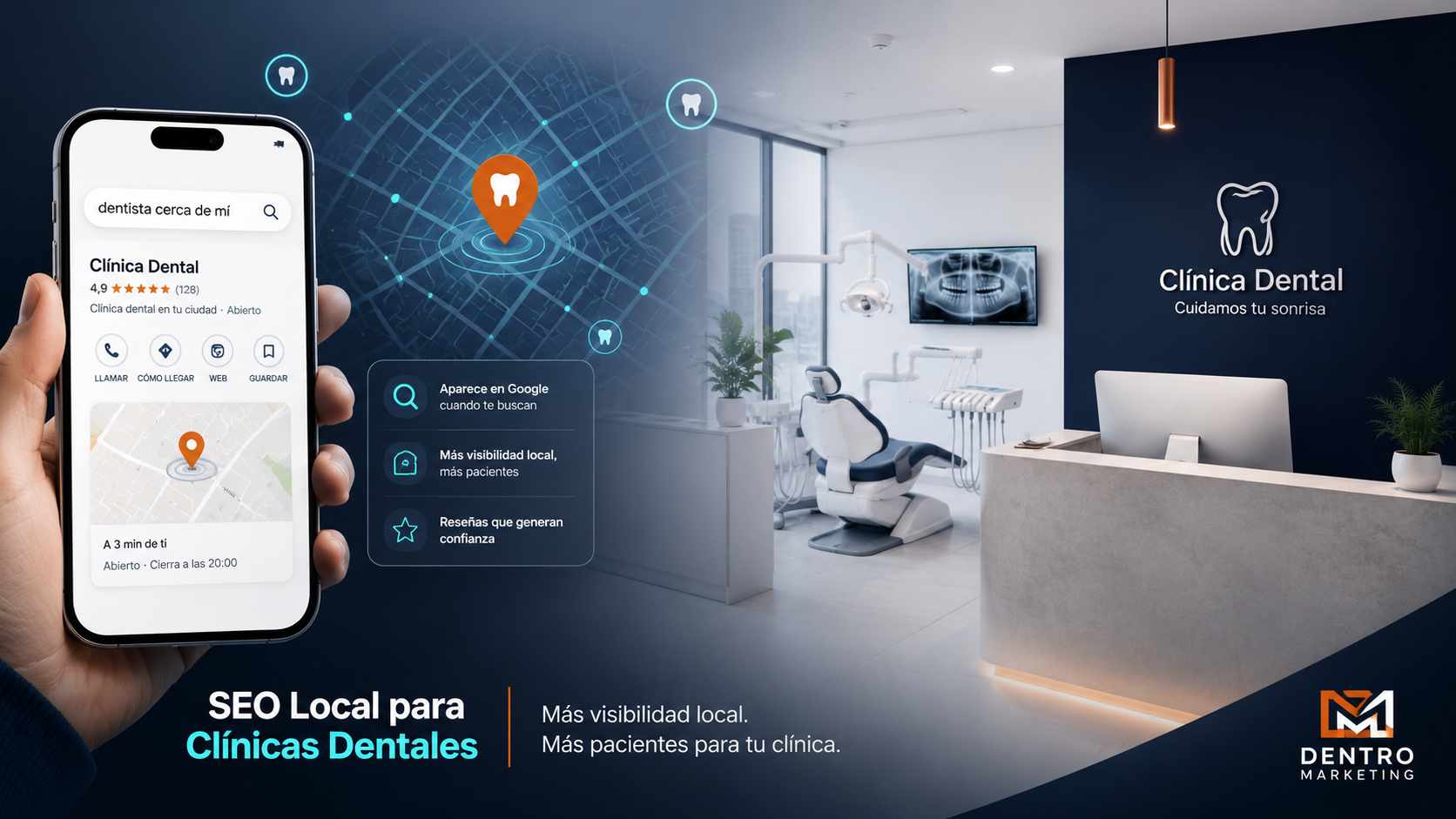 Imagen editorial de una clínica dental moderna con elementos visuales de SEO local y visibilidad en Google.