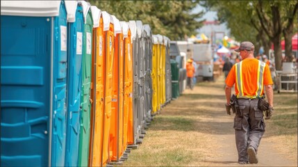 Colorful portable restrooms lined up for service