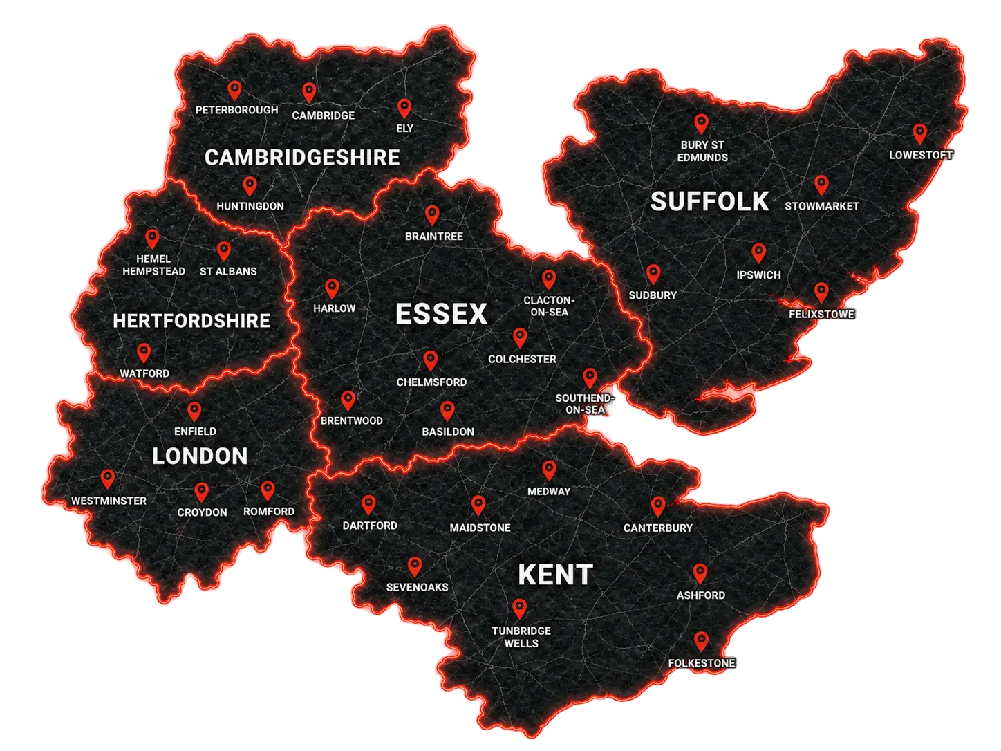 Map showing service coverage areas across Essex, Kent, Suffolk, Hertfordshire, Cambridgeshire and London with red pin markers on major towns