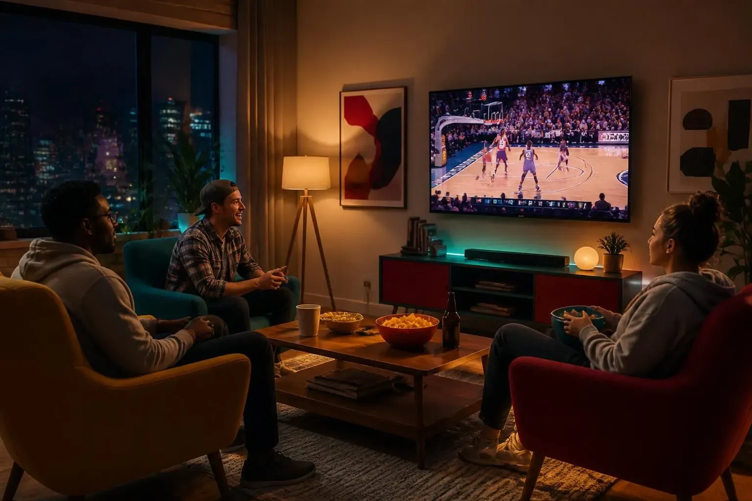 Personas disfrutando de televisión online mientras ven un partido de baloncesto en casa