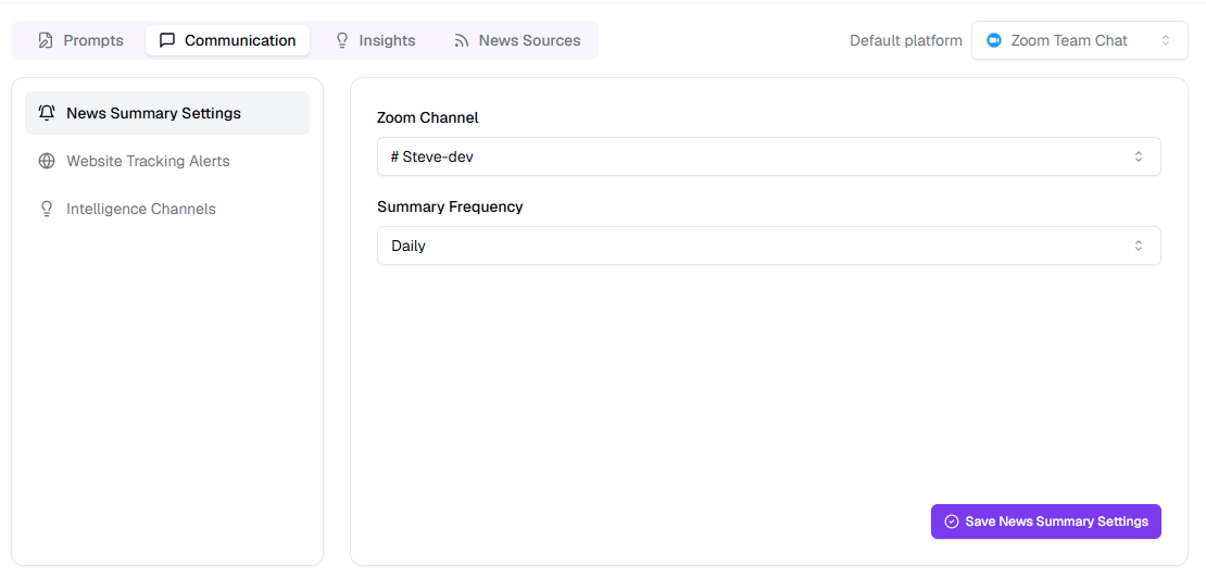 News Summary Settings showing Zoom channel selection and Daily/Weekly frequency options