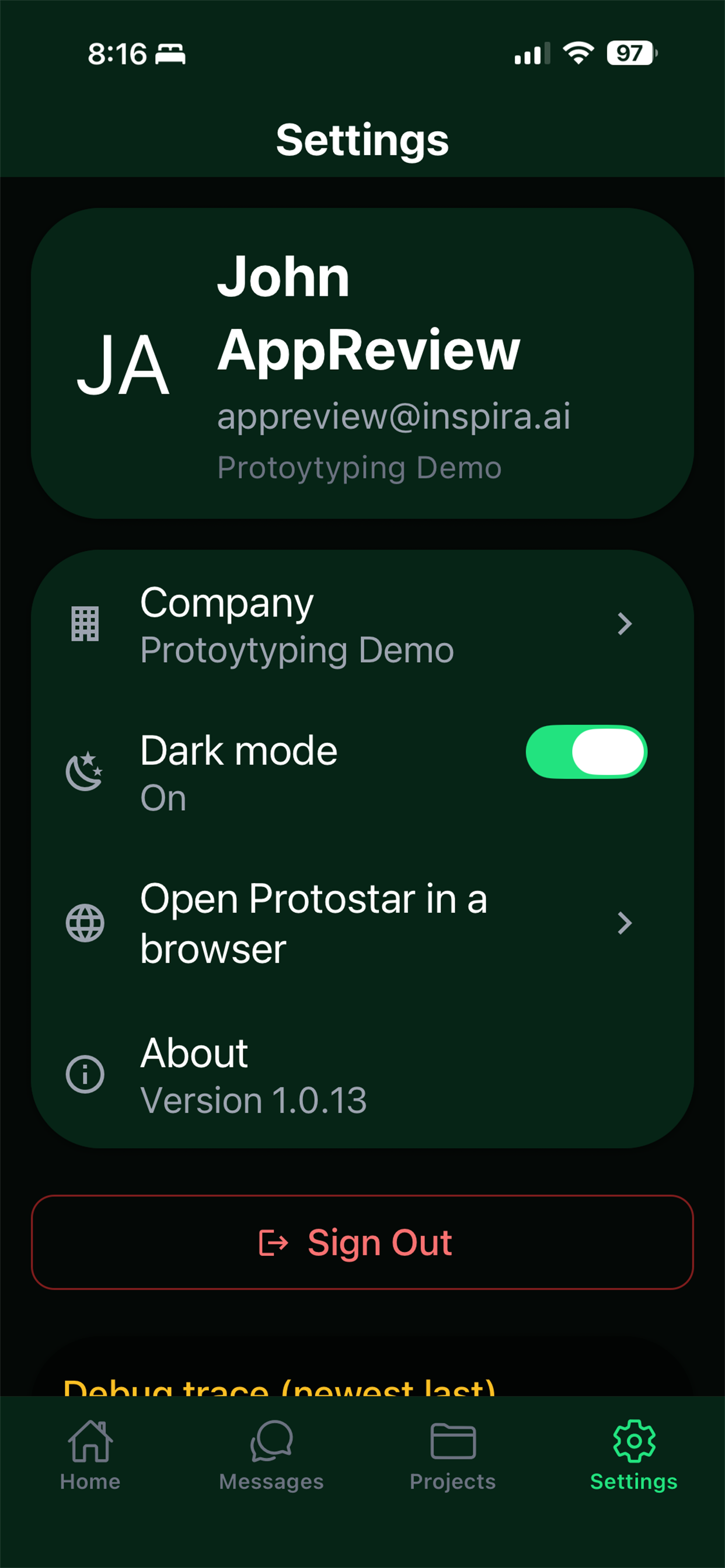 Settings screen on mobile