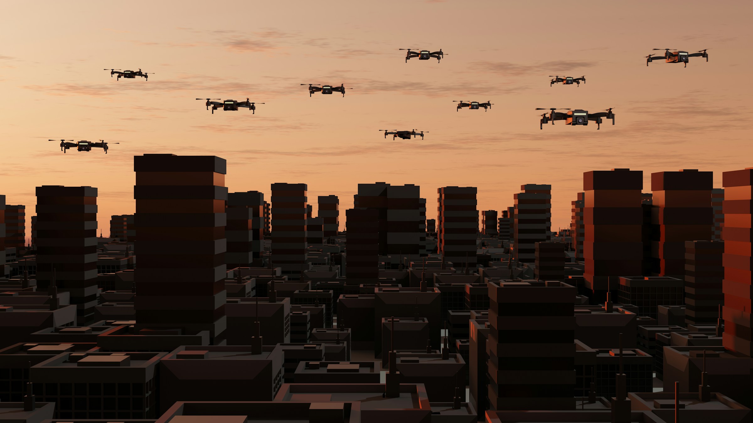 Drone swarm flying over cityscape at sunset